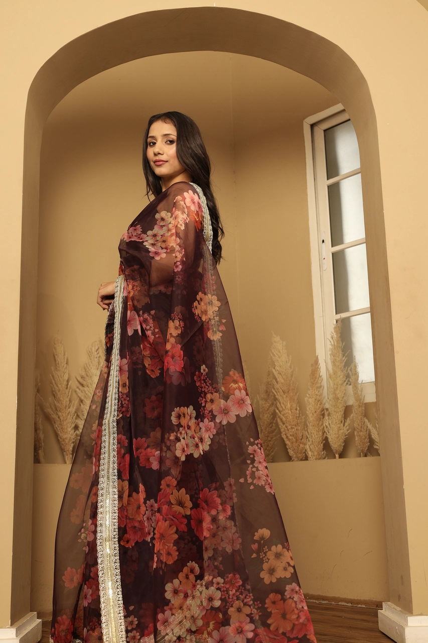 Brown Floral Printed Saree Alternate
