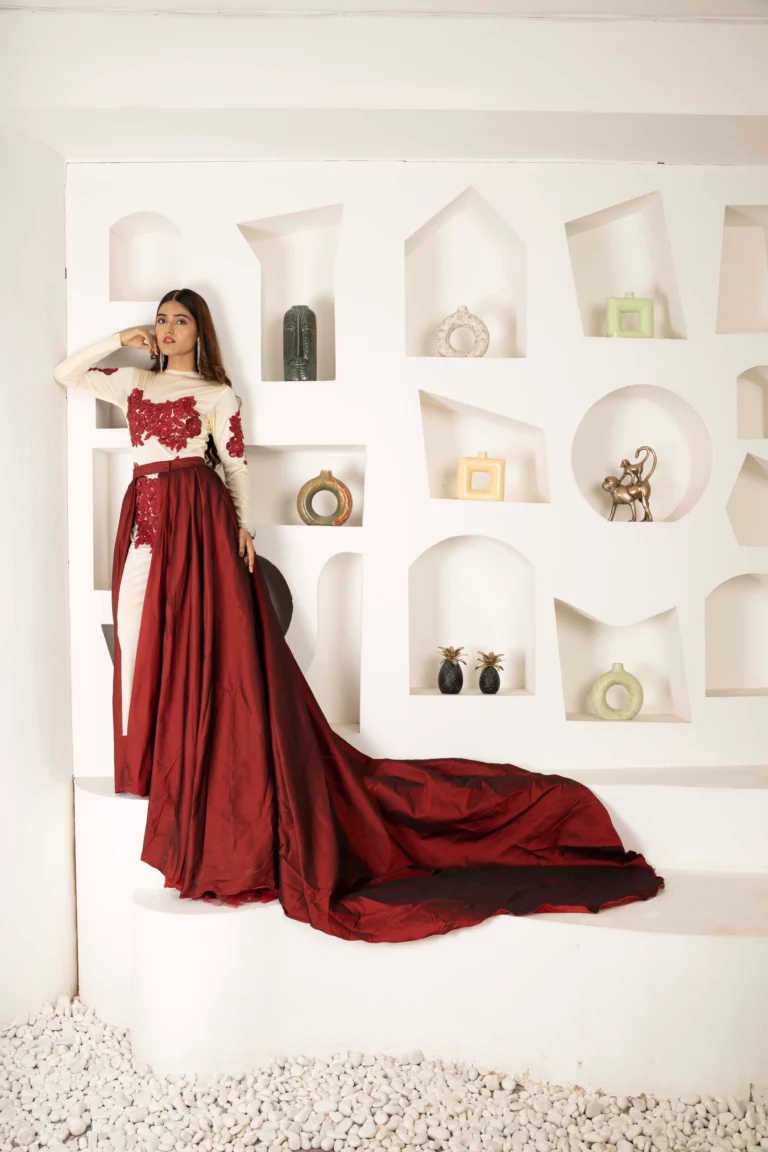 Crimson Bloom Embroidered Cape Gown