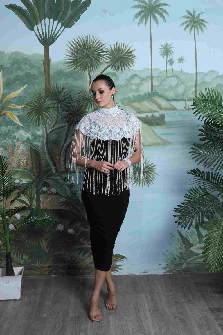 Élodie Midi Dress with Hand Embroidered Fringe Cape Alternate