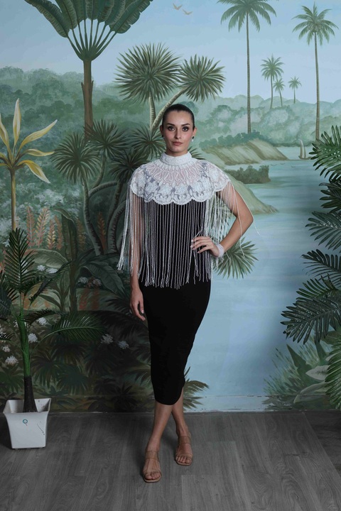 Élodie Midi Dress with Hand Embroidered Fringe Cape