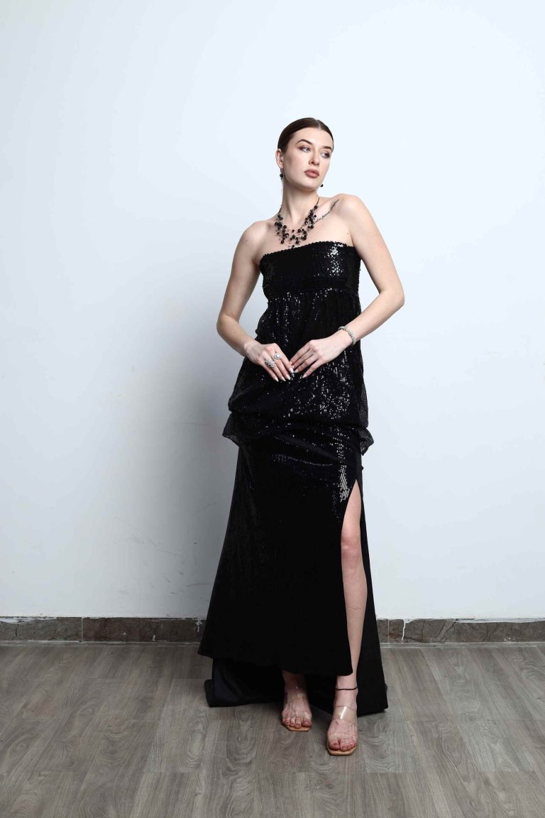 Veloura Sequin Embellished Slit Gown Alternate