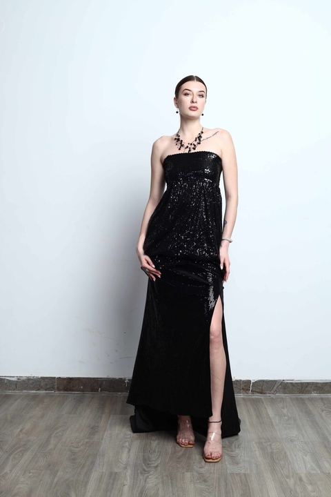 Veloura Sequin Embellished Slit Gown
