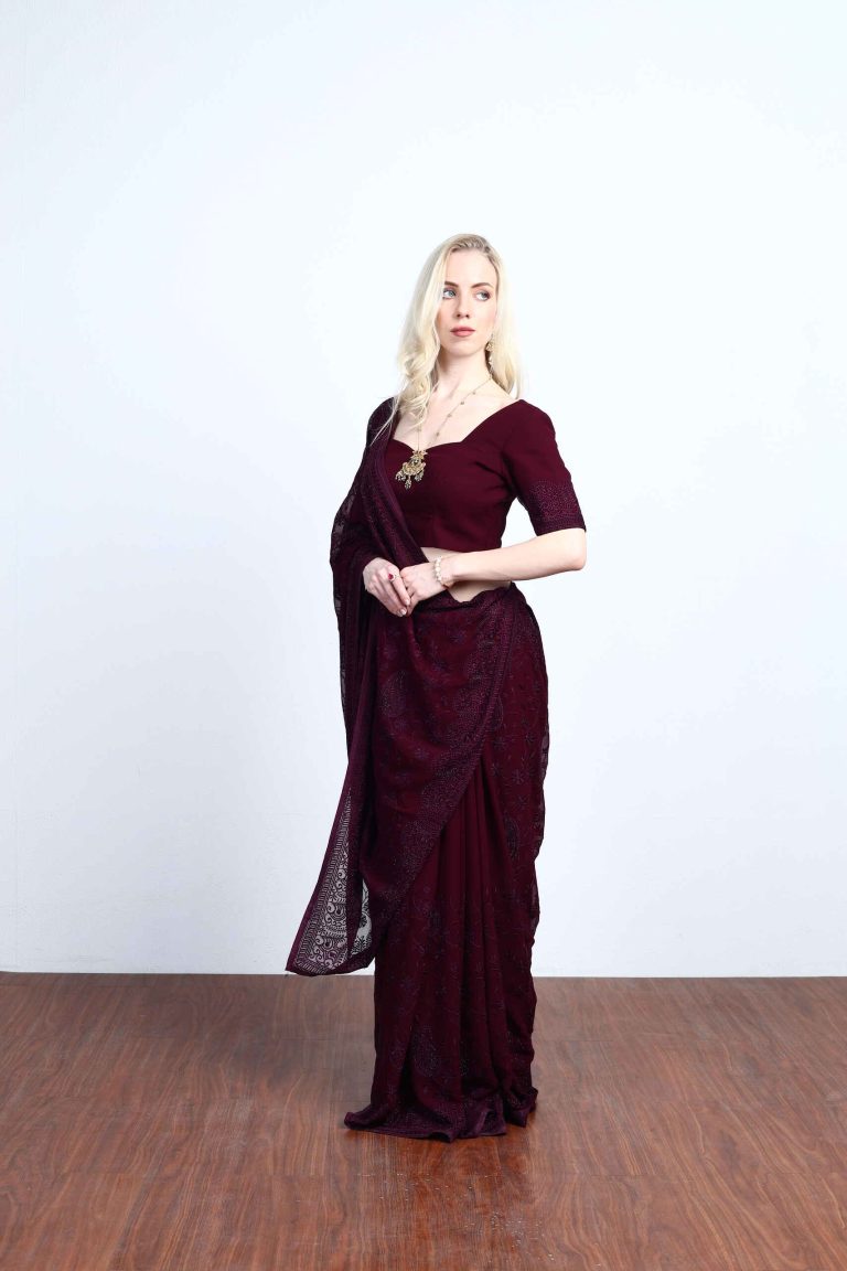 Wine Crystal Saree Set Alternate