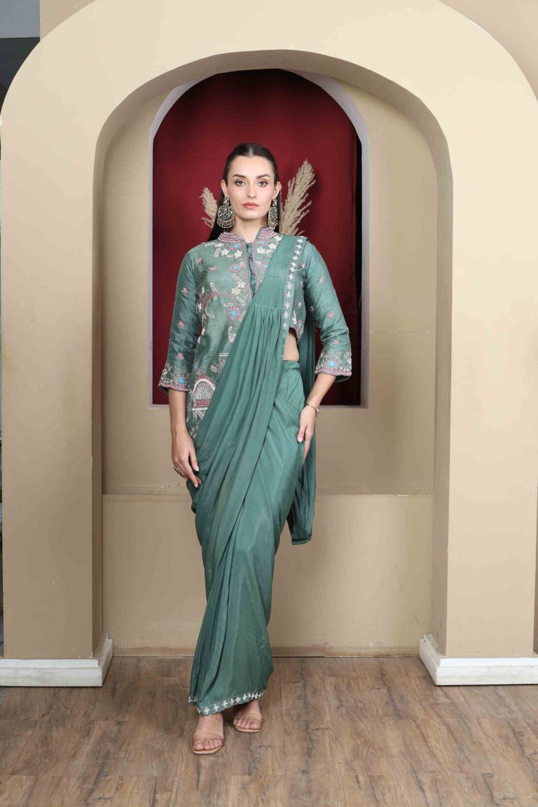 Sage Embroidered Saree Set Alternate