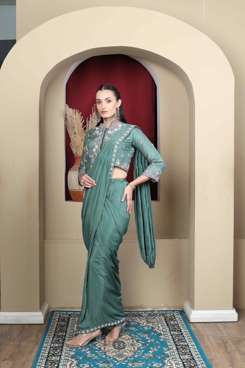 Sage Embroidered Saree Set