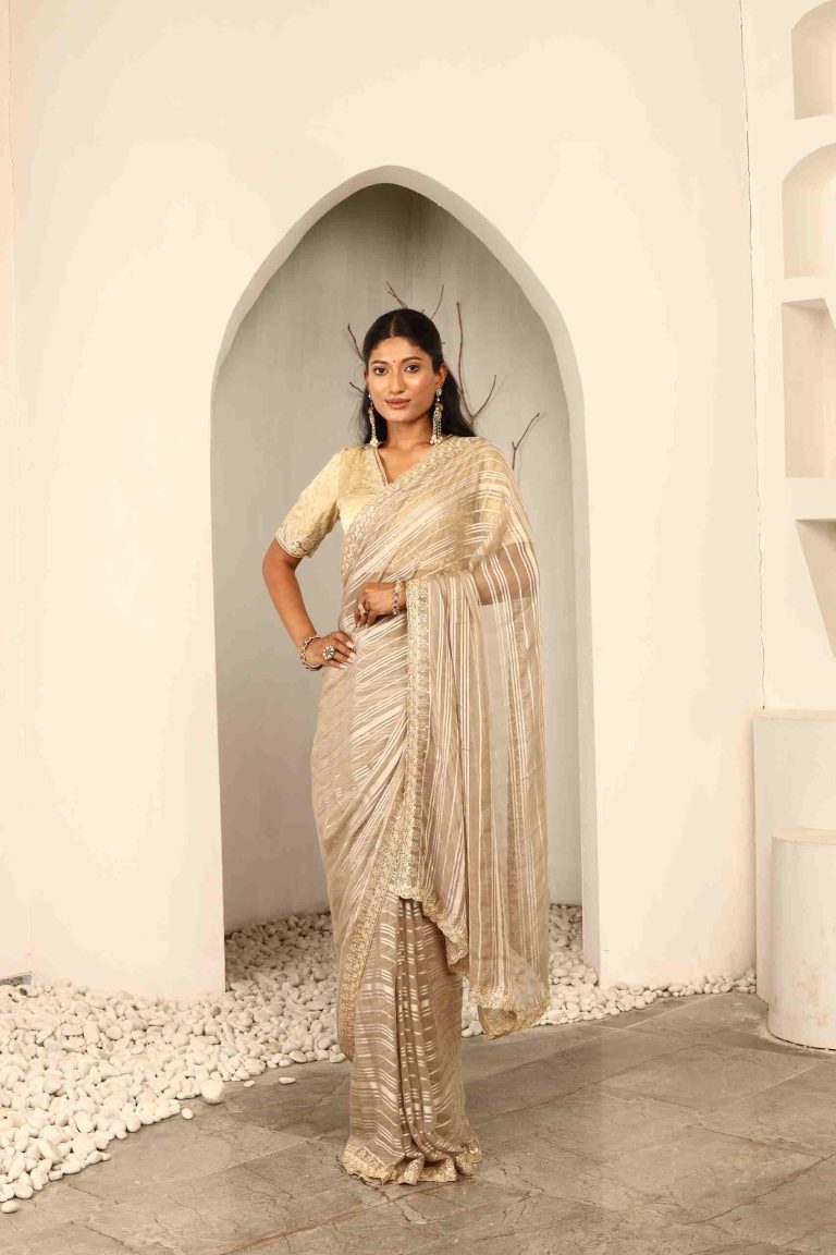 Champagne Drape Saree Set Alternate