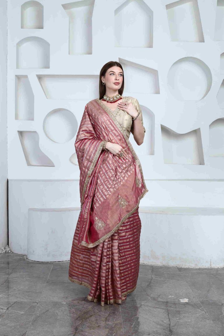 Rose Pink Tissue Saree Set Alternate