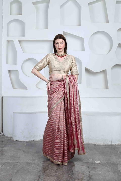 Rose Pink Tissue Saree Set
