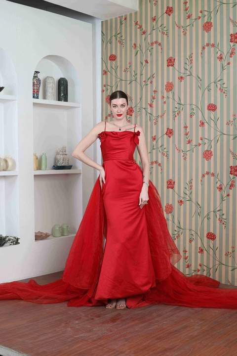 Rouge Élan Satin Evening Gown