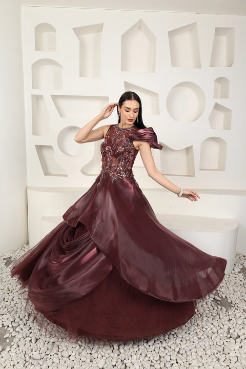 Burgundy Crystal Embroidered Ball Gown