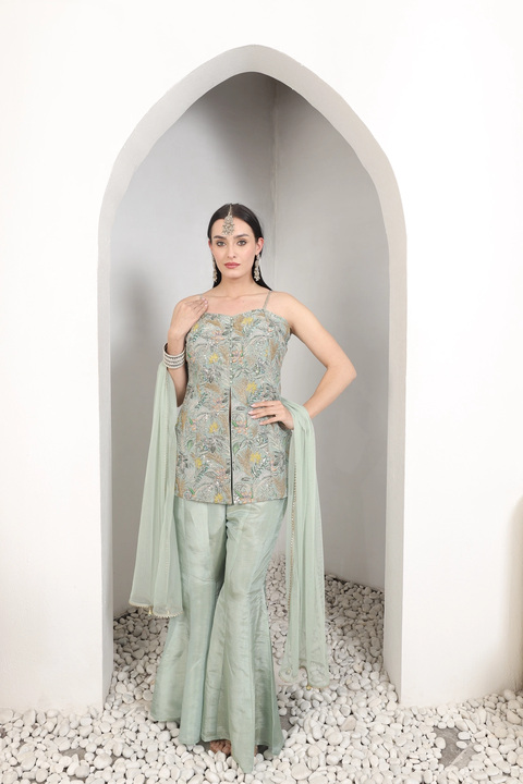 Mint Embroidered Sharara Set
